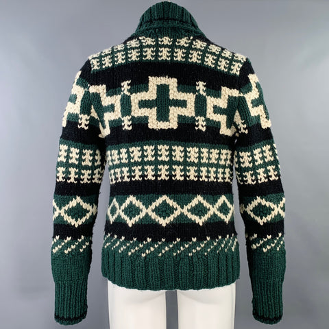RRL by RALPH LAUREN Size M Green Cream Geometric Wool Blend Shawl Collar Sweater