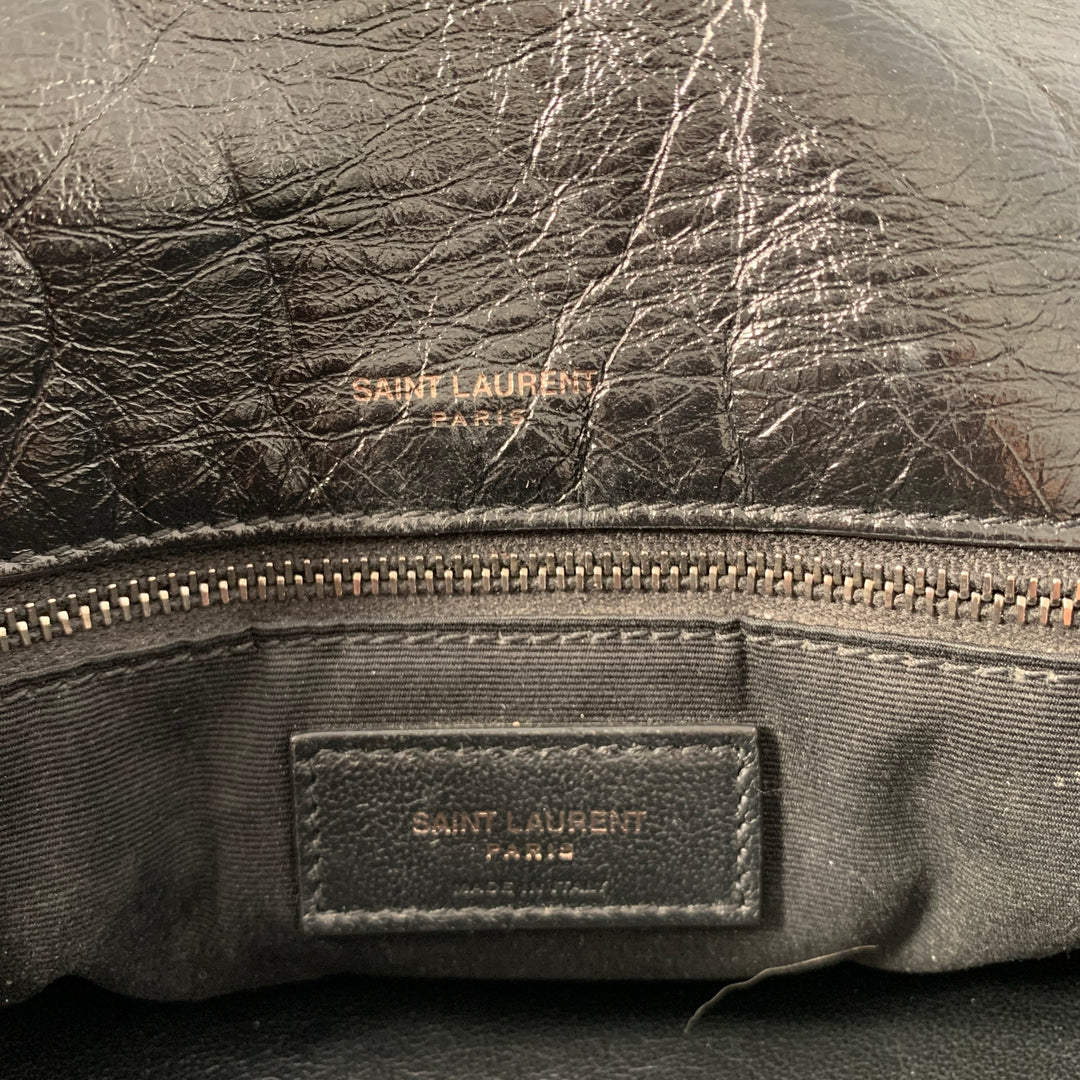SAINT LAURENT Black Silver Chevron Leather Shoulder Bag Handbag