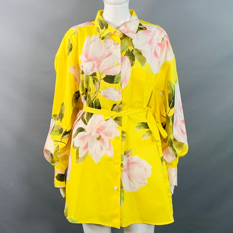 VALENTINO SS21 Size M Yellow Multi Color Cotton Silk Floral Belted Oversized Shirt Dress
