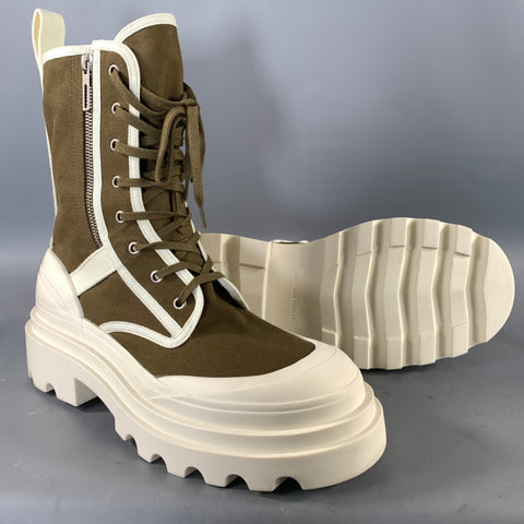 BOTTEGA VENETA Size 13.5 Green Cream Canvas Ankle Boots
