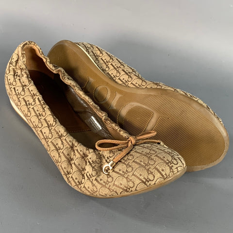 CHRISTIAN DIOR Size 9.5 Tan Brown Canvas Oblique Monogram Slip On Bow Flats