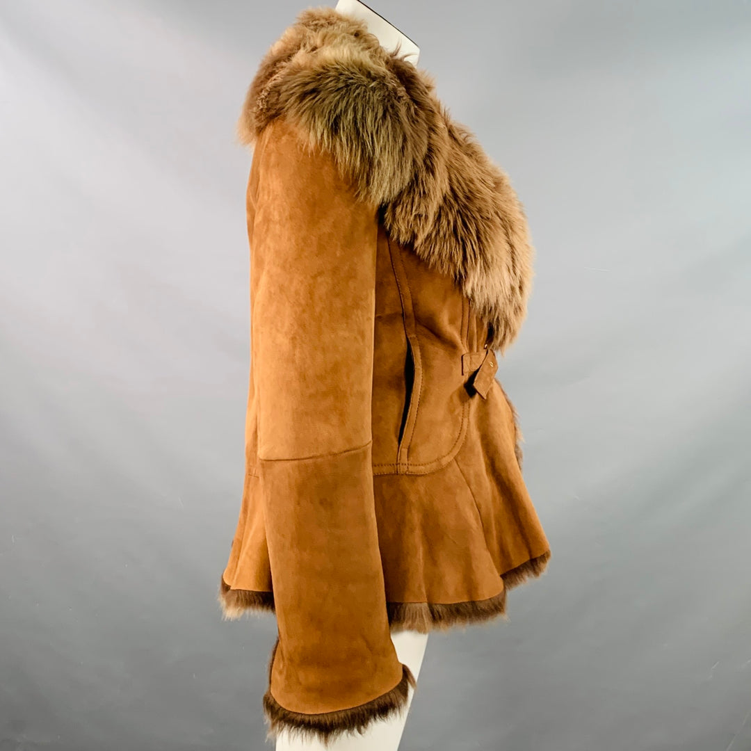 MAX MARA Size 12 Brown Rust Suede Shearling Trim Coat