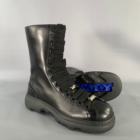BURBERRY Size 10 Black Leather Lace Up Boots
