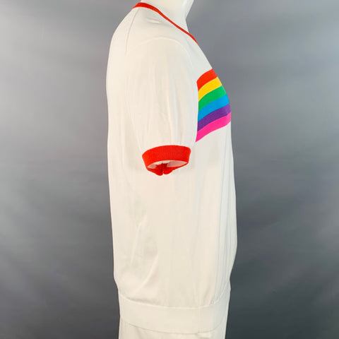 MR TURK Taille XL T-shirt Ringer en coton tricoté multicolore arc-en-ciel blanc