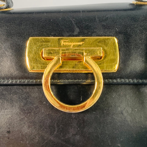 SALVATORE FERRAGAMO Vintage Black Gold Leather Top Handles Handbag