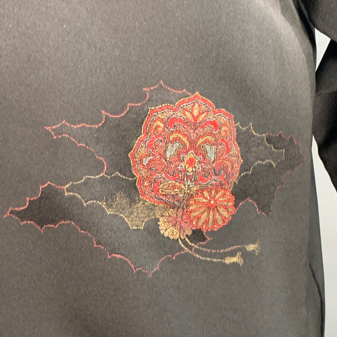 HAORI Kimono Japonais Vintage Soie Brodé Floral Noir Rouge Taille Unique
