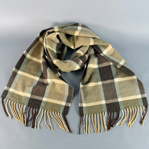 Écharpe à franges en cachemire à carreaux marron-beige VINTAGE