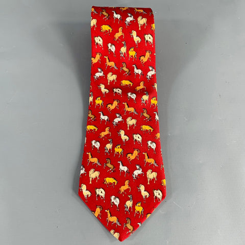 SALVATORE FERRAGAMO Red Orange Yellow Horses Silk Tie