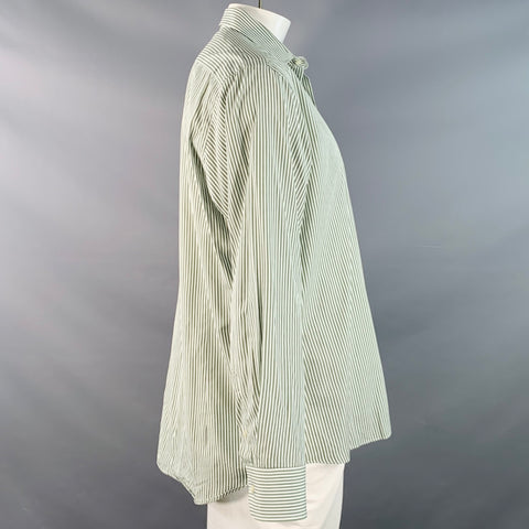 ETRO Size 45 Green White Stripe Cotton Curved Cutaway Long Sleeve Shirt