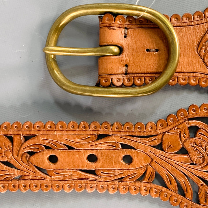 RALPH LAUREN Size M Brown Embossed Lasercut Floral Leather Western Belt