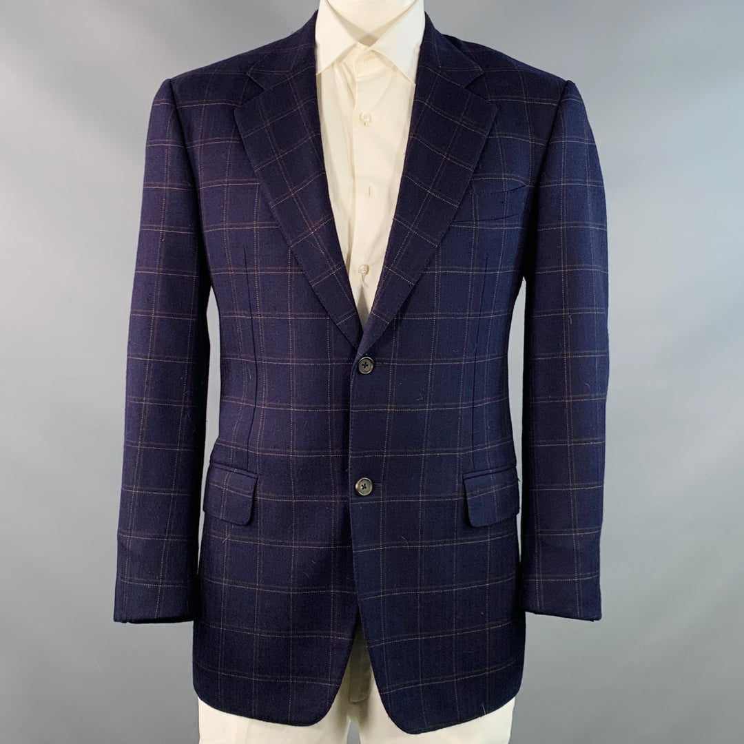 GIANLUCA ISAIA Chest Size 42 Long Navy Beige Window Pane Wool Sport Coat