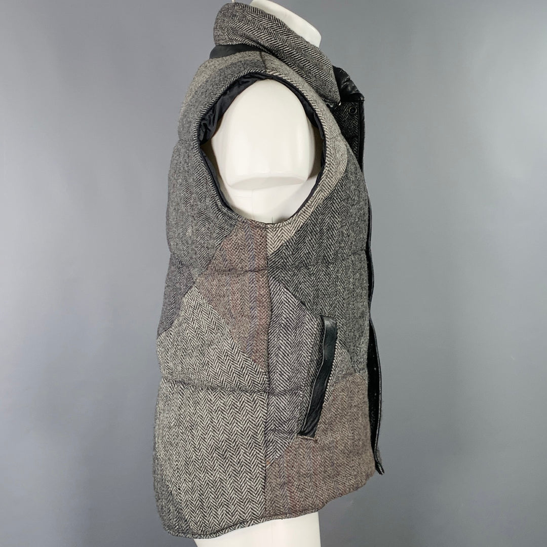 HARRIS TWEED Size M Grey Black Patchwork Herringbone Wool Zip Up Vest