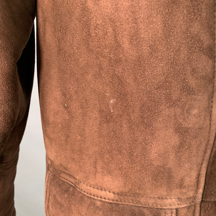 ORVIS Size L Brown Suede Shearling Lined Zip Buttons Coat