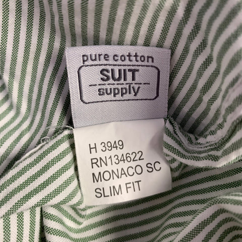 SUIT SUPPLY Size 40 Green White Stripe Cotton Spread Collar Long Sleeve Shirt