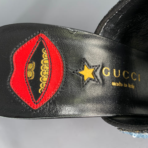 GUCCI Size 8 Trompe L'oeil Blue Red Gold Beaded Mules Sandals