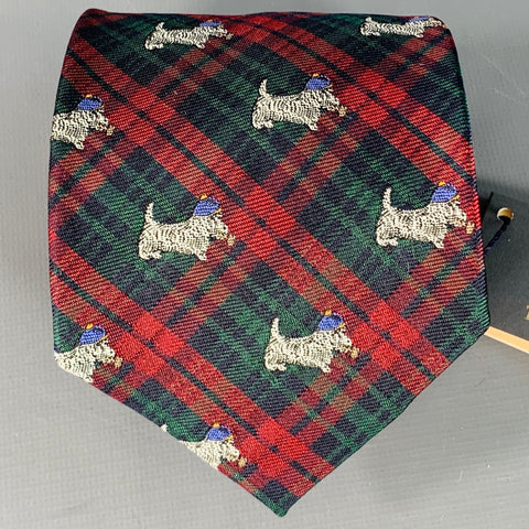 POLO by RALPH LAUREN Scottish Terrier Red Green Plaid Silk Tie
