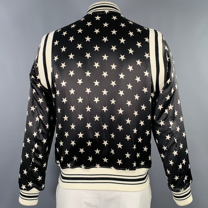 OVADIA & SONS Size M Black Cream Stars Satin Bomber Jacket