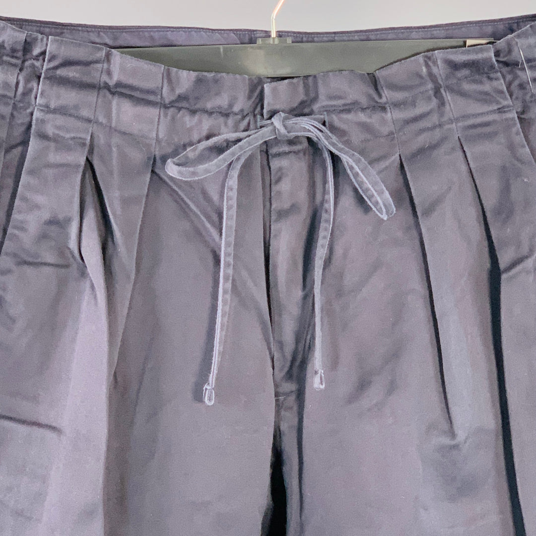 MONITALY Size L Navy Cotton Sateen Pleated Drawstring Casual Pants