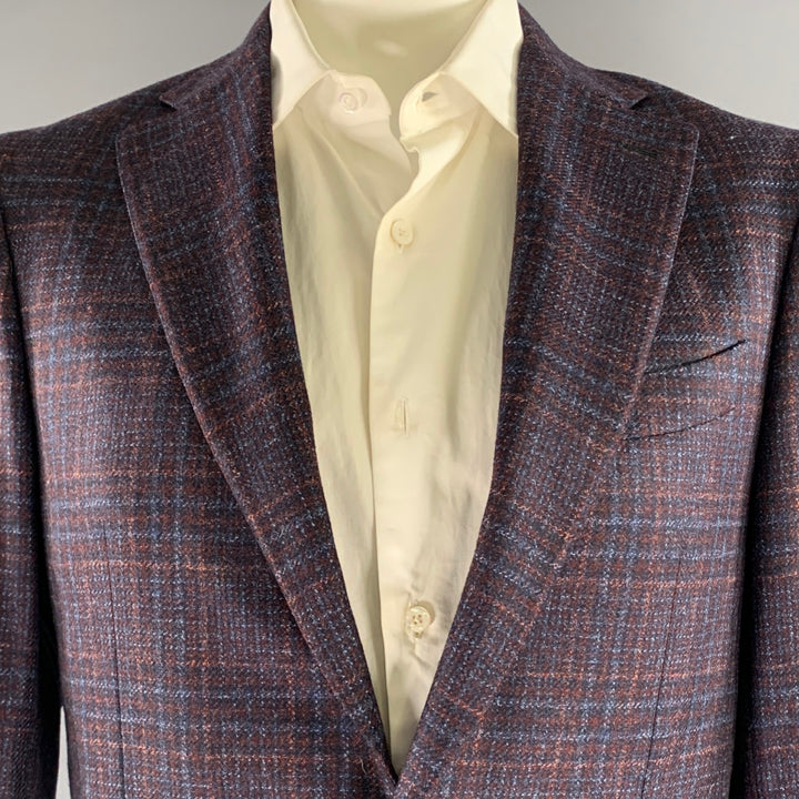 CANALI Size 42 Navy Brown Plaid Wool Notch Lapel Sport Coat