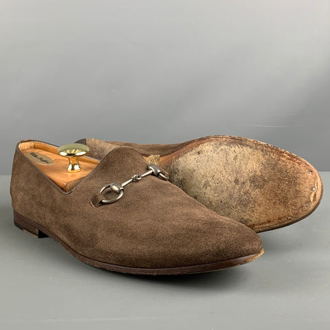 GUCCI Size 9.5 Brown Textured Leather Slip On Loafers