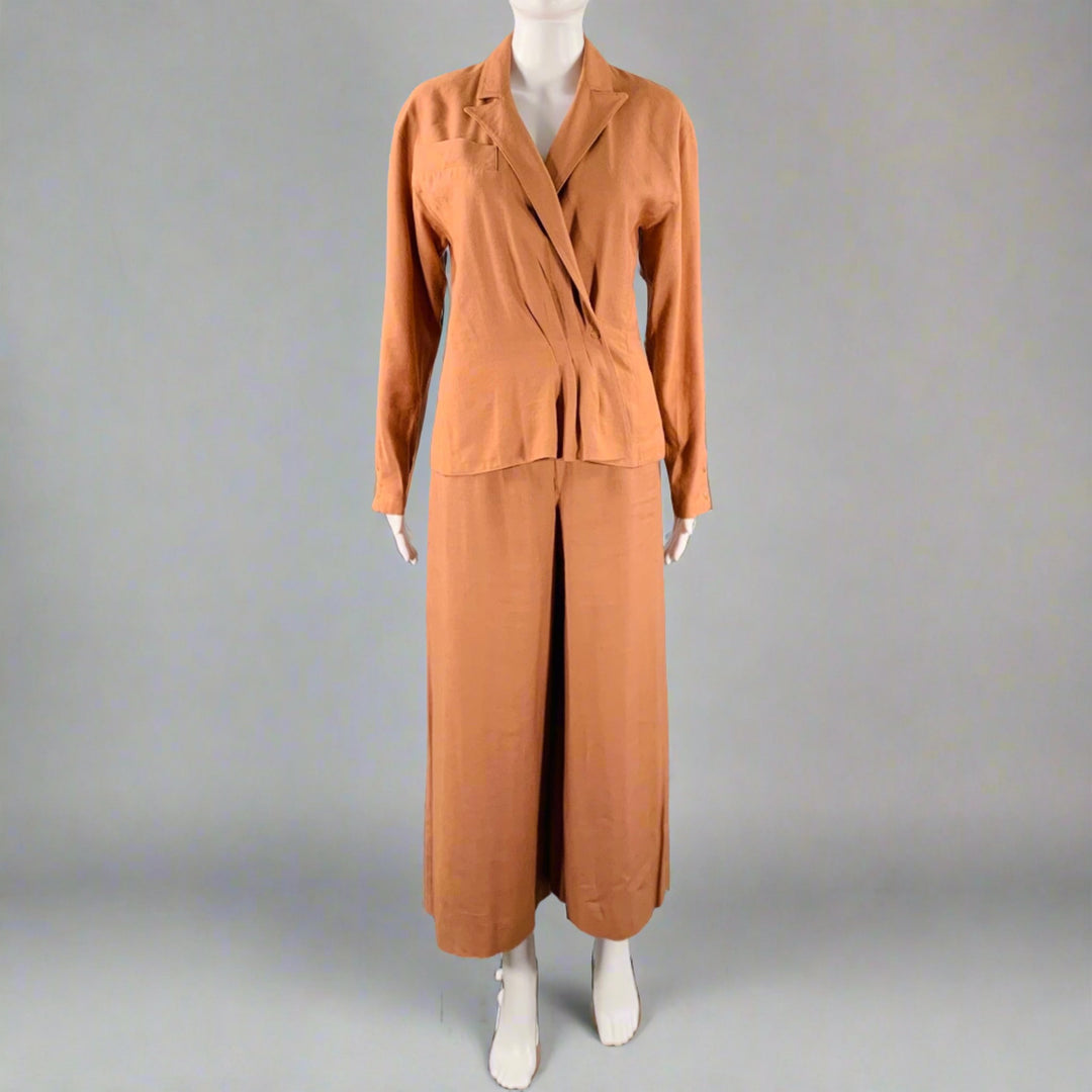 CLAUDE MONTANA Size 4 Brown Linen Blend Pleated Flat Front Pants Suit