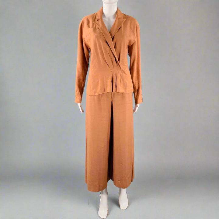 CLAUDE MONTANA Size 4 Brown Linen Blend Pleated Flat Front Pants Suit