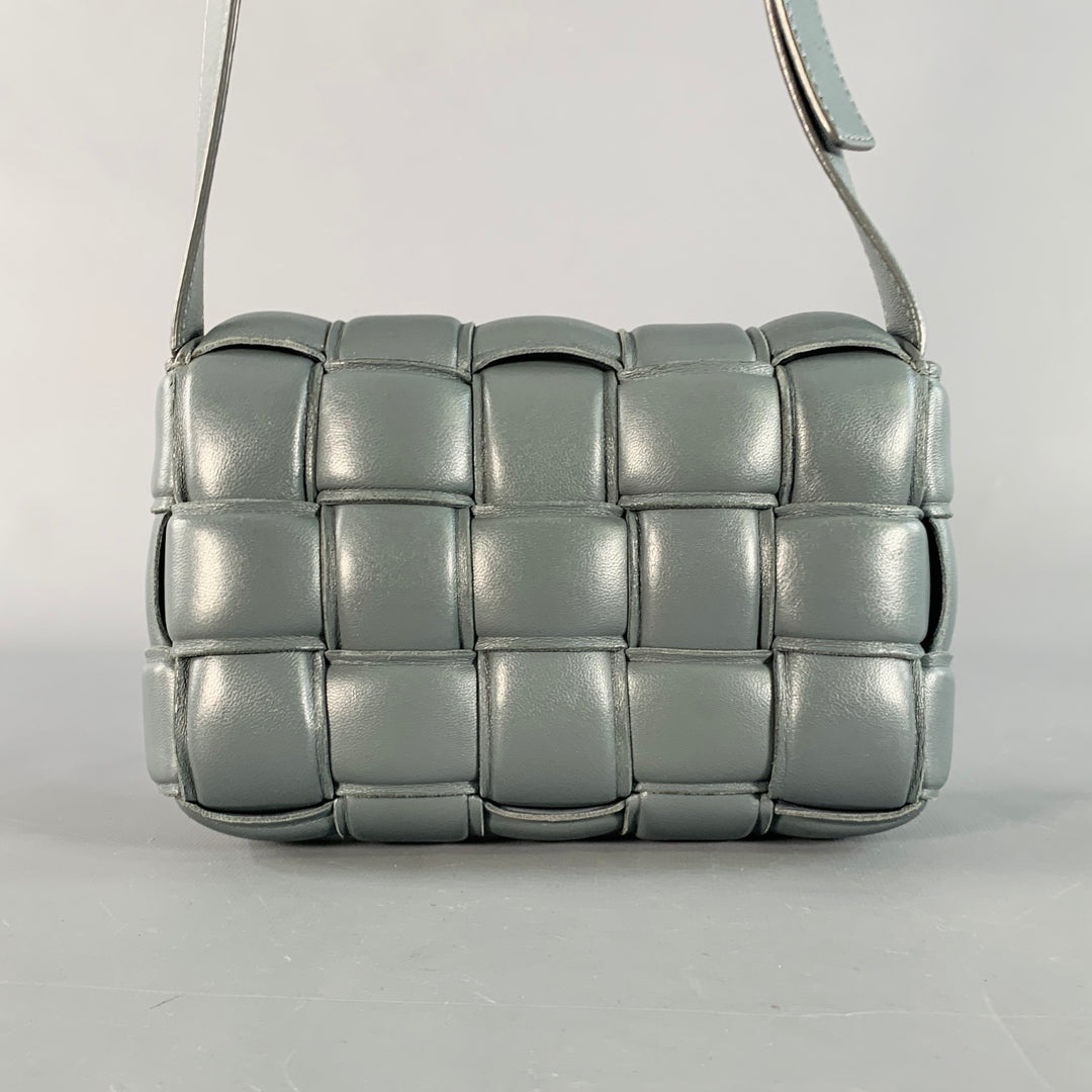 BOTTEGA VENETA Mini Padded Cassette Grey Woven Lambskin Leather Crossbody Handbag