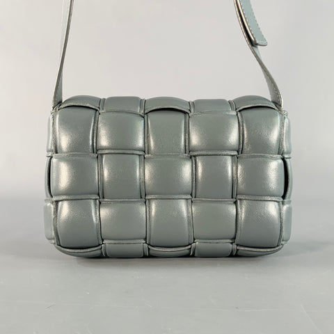 BOTTEGA VENETA Mini Padded Cassette Grey Woven Lambskin Leather Crossbody Handbag