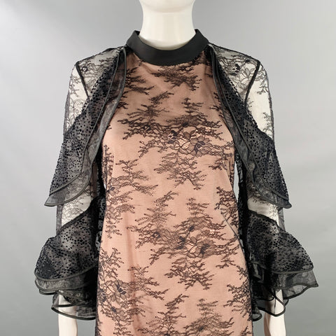 NHA KHANH Size 6 Black Nude Polyester Ruffled Long Sleeve Lace Cocktail Dress