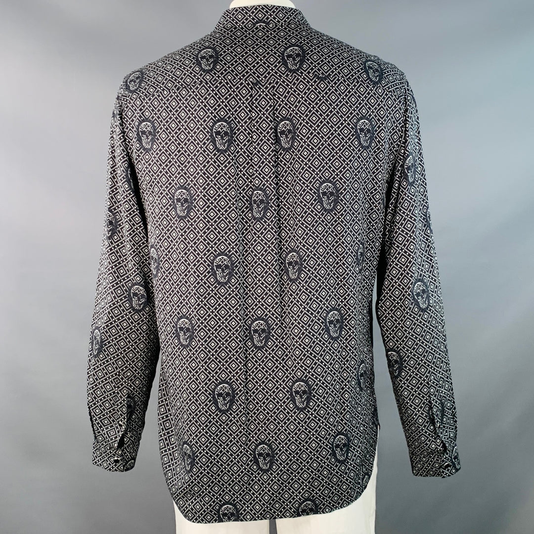 THE KOOPLES Size XL Black White Skulls Viscose Snaps Long Sleeve Shirt
