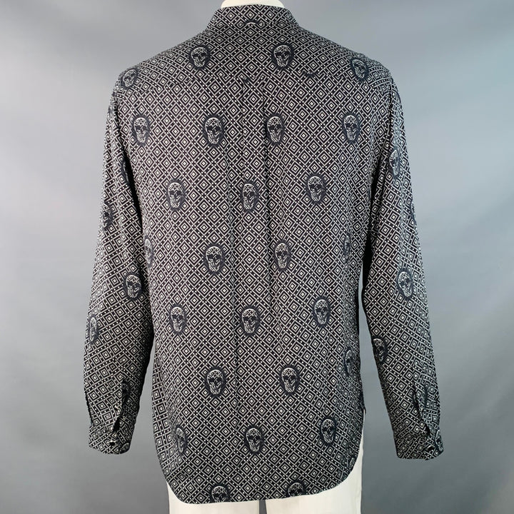 THE KOOPLES Size XL Black White Skulls Viscose Snaps Long Sleeve Shirt