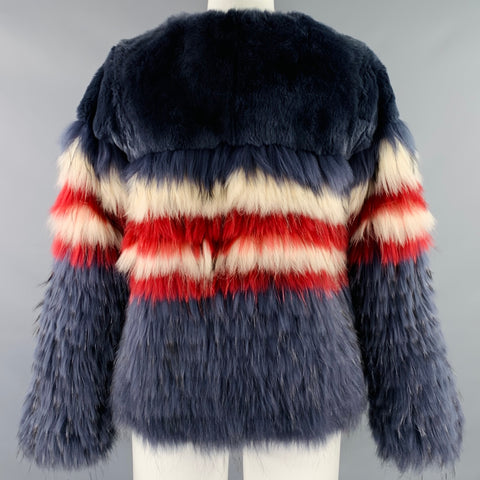 TWIN SET Size 4 Navy Red White Stripe Fur Jacket