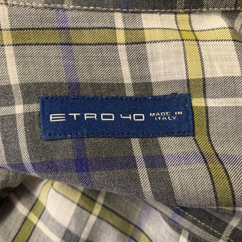 ETRO Size M Grey Blue Green Plaid Pointed Collar Long Sleeve Shirt