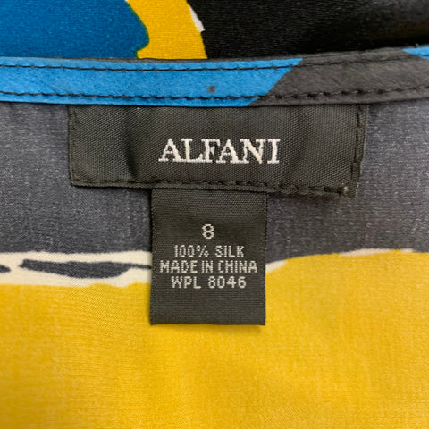 ALFANI Size 8 Yellow Black Silk Abstract Pleated Belted Dress