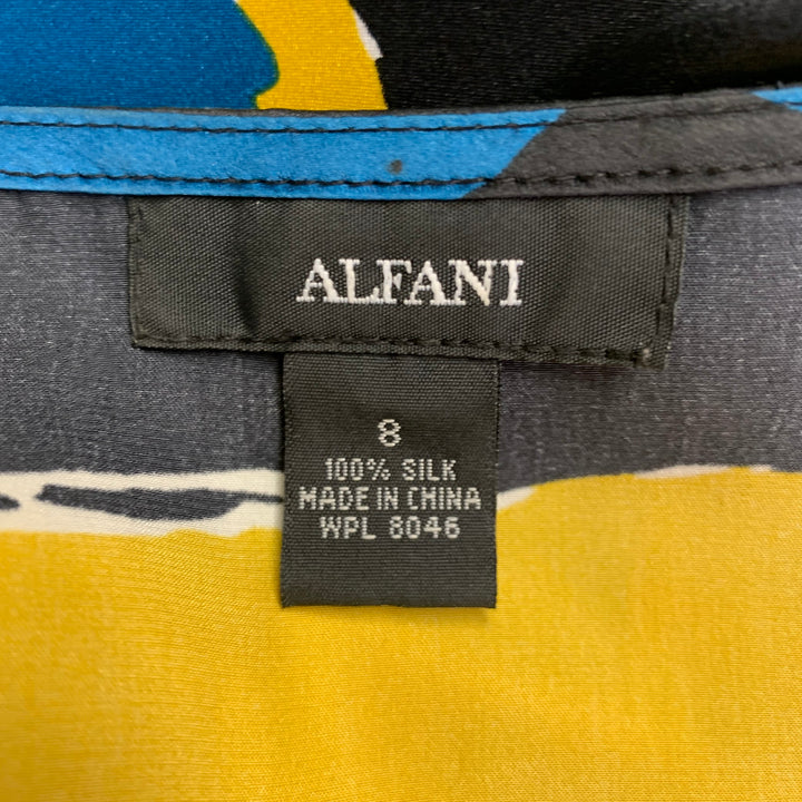 ALFANI Size 8 Yellow Black Silk Abstract Pleated Belted Dress