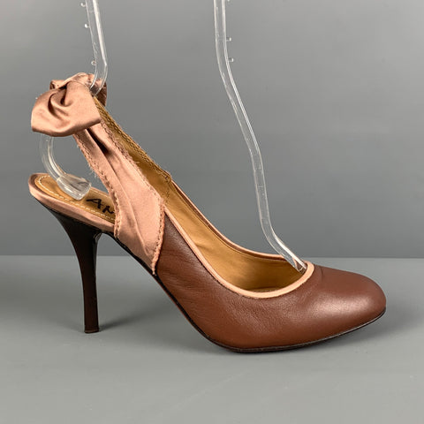 LANVIN Talla 9 Zapatos de tacón con tira trasera de satén de cuero rosa marrón