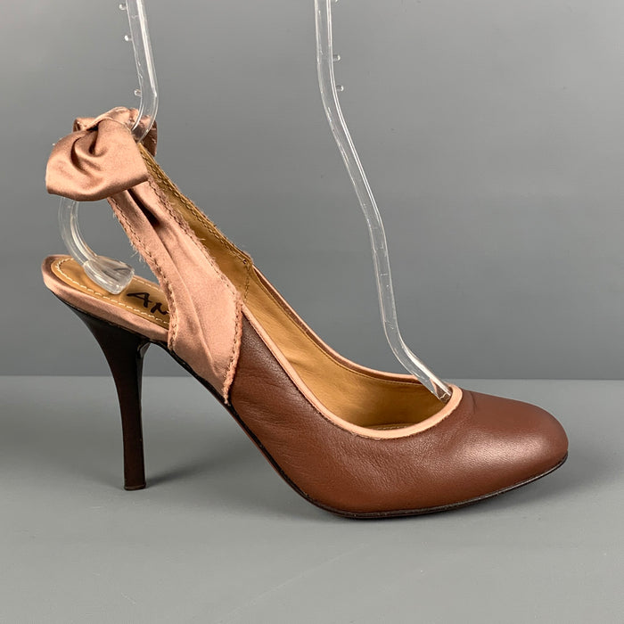 LANVIN Size 9 Brown Pink Leather Satin Slingback Pumps
