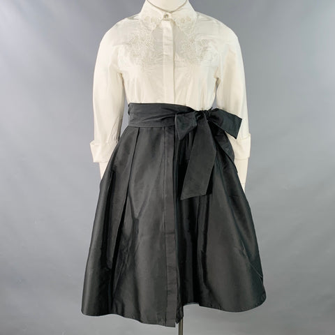 TERI JON Size 10 White Black Taffeta Lace Two Tone Belted Shirt Dress