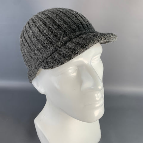 BURBERRY LONDON Grey Heather Ribbed Lambswool Visor Beanie Hat