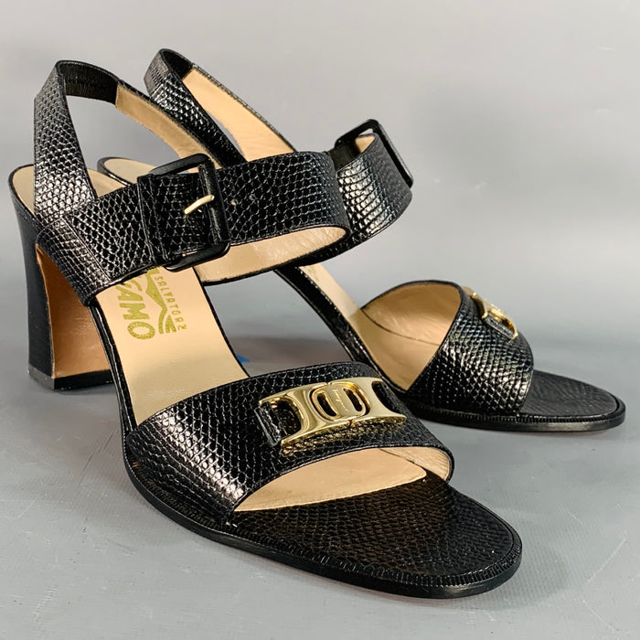 SALVATORE FERRAGAMO Size 9 Black Gold Snake Embossed Chunky Heel Slingback Sandals