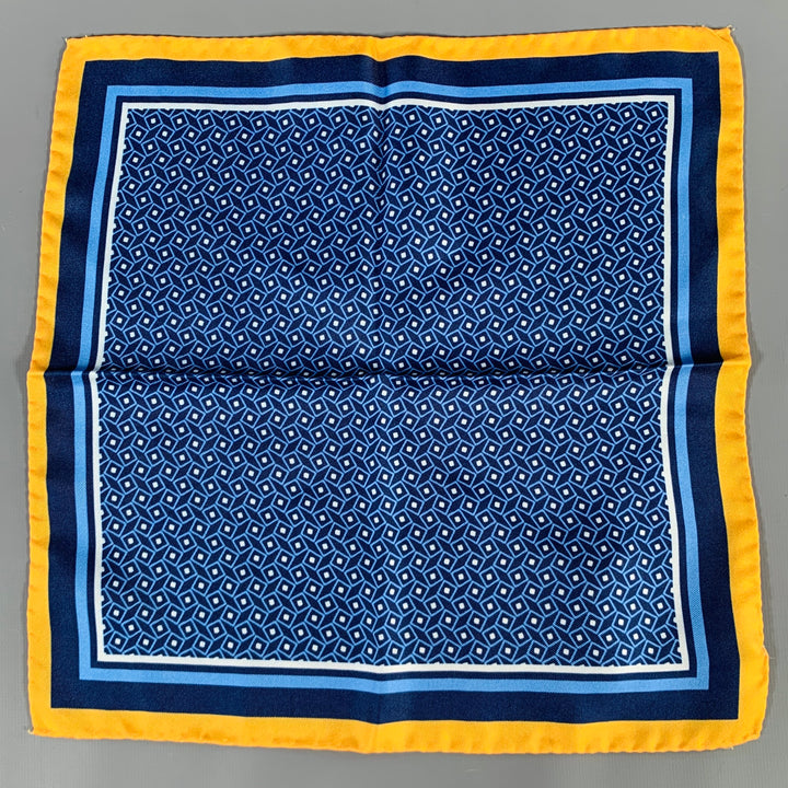 BARNEY'S NEW YORK Navy Yellow Squares Silk Pocket Square
