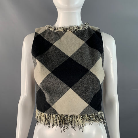 ZAC POSEN Size 0 Black White Wool / Polyester Checkered Fringed Dress Top