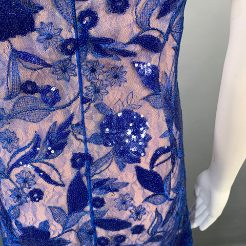 COSTARELLOS Size 4 Blue Nude Lace Sequined Short Sleeve Midi Cocktail Dress