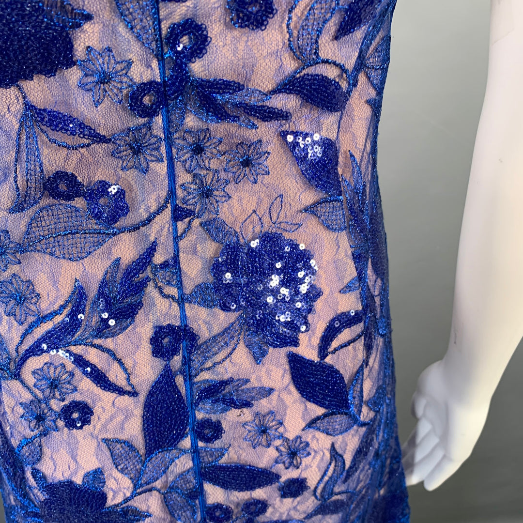 COSTARELLOS Size 4 Blue Nude Lace Sequined Short Sleeve Midi Cocktail Dress