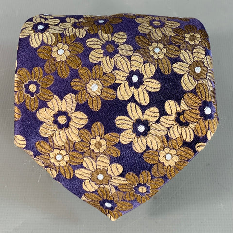 FACONNABLE Navy Khaki Floral Jacquard Silk Tie