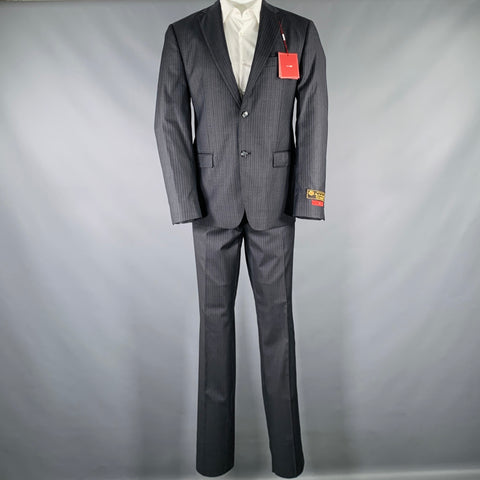 TAILO RED Size 40 Grey Light Blue Pinstripe Wool Single Breasted Suit