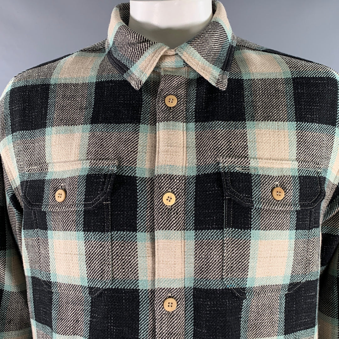 VISVIM Size L Black Green Beige Plaid Wool Linen Down Filled Jacket