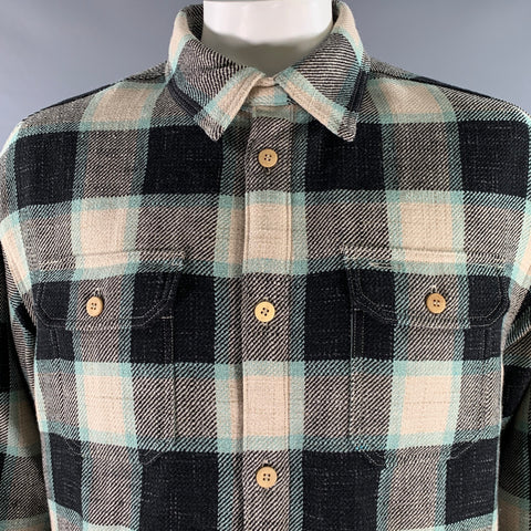 VISVIM Size L Black Green Beige Plaid Wool Linen Down Filled Jacket