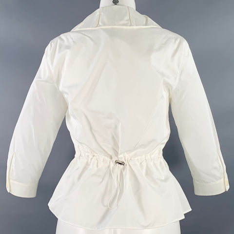 AKRIS Size 6 White Cotton Drawstring Waist 3/4 Sleeves Hidden Buttons Blouse