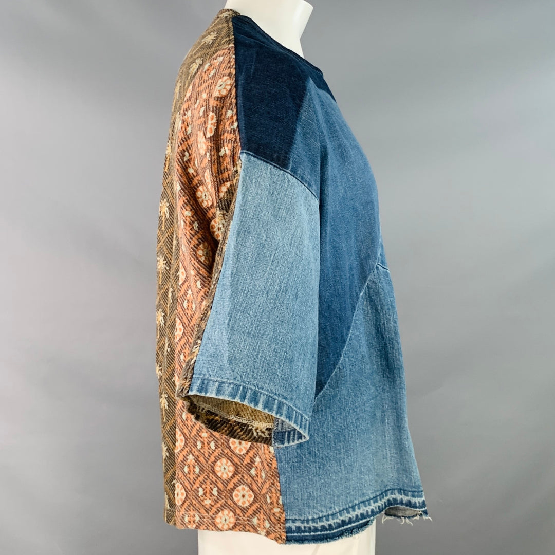 KAPITAL Size L Blue Brown Patchwork Cotton Blend Crew Neck T-shirt